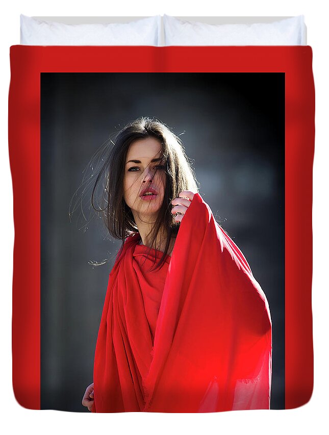 Russian Artist New Wave Duvet Cover featuring the photograph Lady in Red in Desolate Place 5 by Vitaly Vachrushev