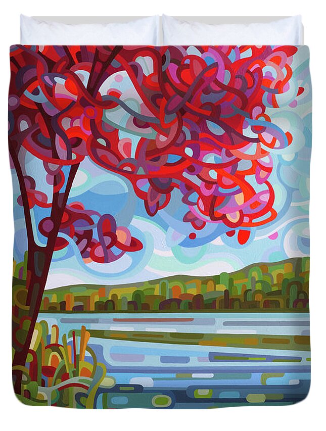 Fall. Red Maple Duvet Cover featuring the painting Lady in Red by Mandy Budan