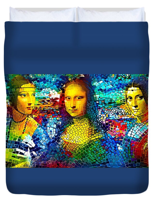 Lady With An Ermine Duvet Cover featuring the digital art Lady with an Ermine, Mona Lisa, and La Belle Ferronniere - colorful mosaic by Nicko Prints