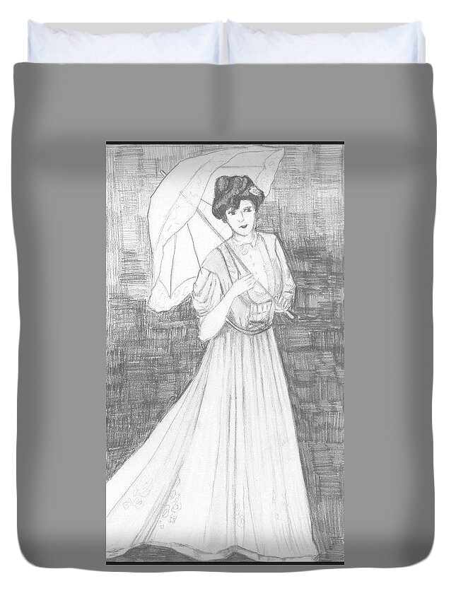  Duvet Cover featuring the drawing Lady with Parasol by Jam Art