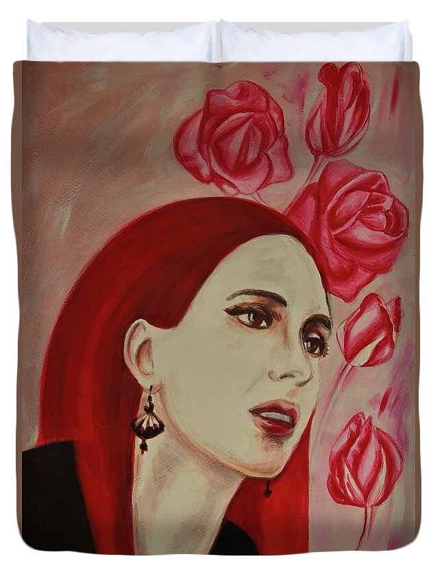 Lady Duvet Cover featuring the painting Lady With Roses I by Leonida Arte
