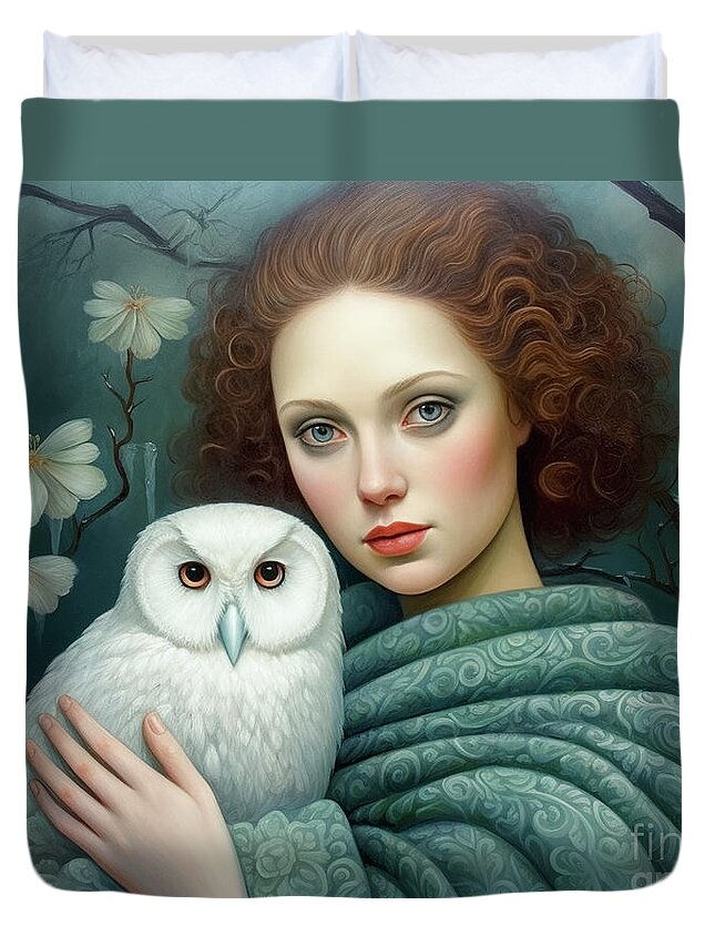 Digital Duvet Cover featuring the digital art Lady with Snow Owl by Jutta Maria Pusl