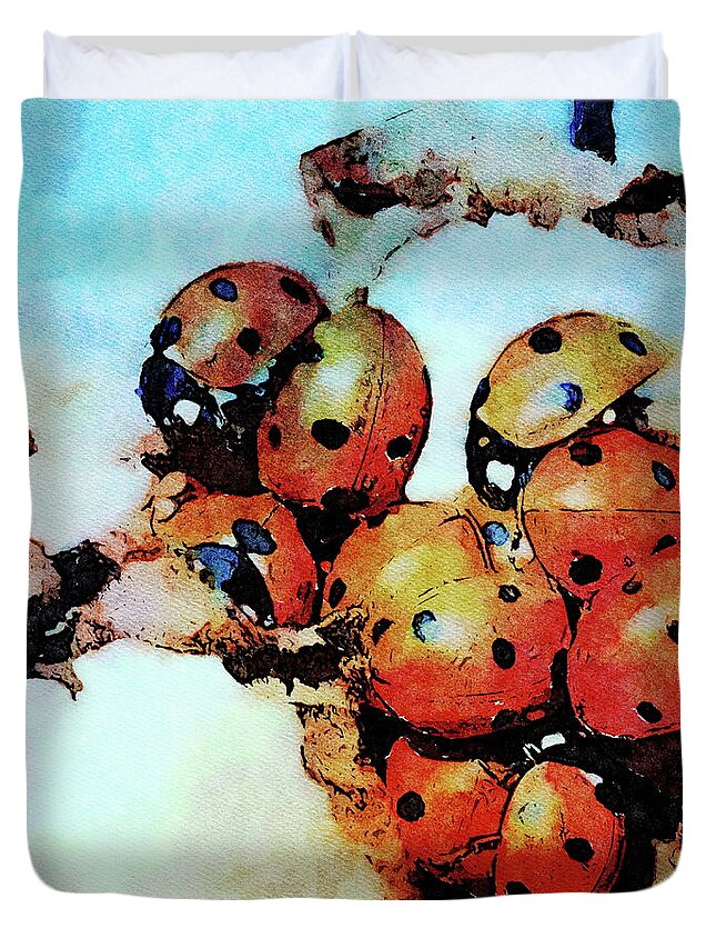 Ladybug Duvet Cover featuring the painting Ladybug Luncheon by Russ Harris