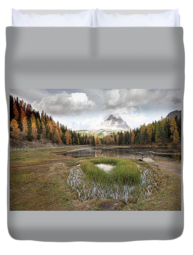 Lago Di Antorno Duvet Cover featuring the photograph Lago di antorno lake and Tre cime di lavadero mountain reflection in autumn. Forest landscape South tyrol Italy by Michalakis Ppalis