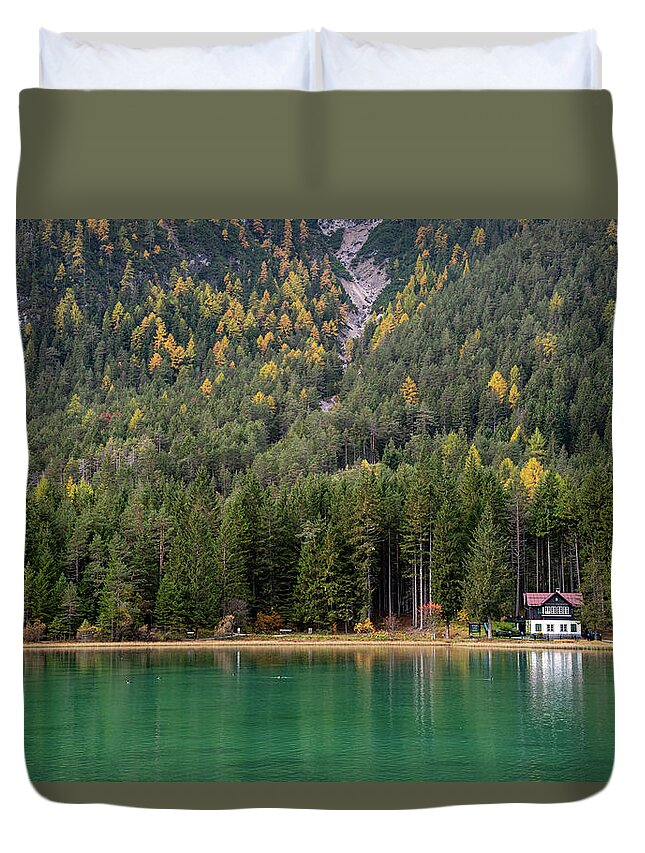 Italy Duvet Cover featuring the photograph House in the lake and forest. Lago di dobbiaco lake. Italian aps by Michalakis Ppalis