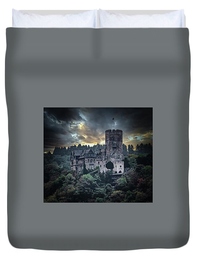Lahneck Castle Duvet Cover featuring the digital art Lahneck Castle Sunset, Dry Brush by Ron Long Ltd Photography