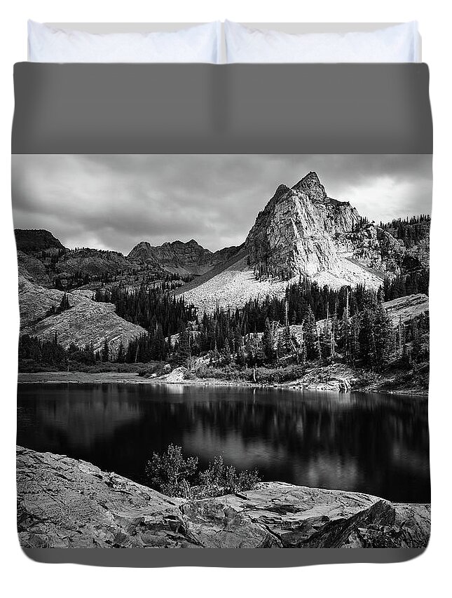 Utah Duvet Cover featuring the photograph Lake Blanche and the Sundial Black and White - Big Cottonwood Canyon, Utah by Brett Pelletier