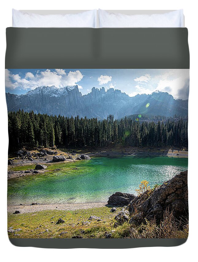 Lake Duvet Cover featuring the photograph Lake Carezza, South Tyrol Italy by Michalakis Ppalis
