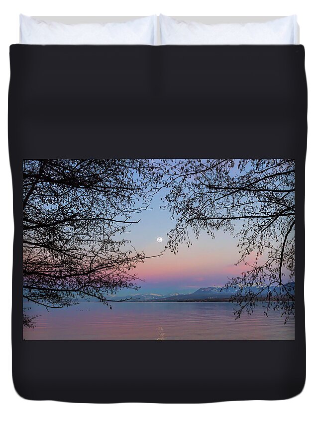 Mountain Duvet Cover featuring the photograph Lake Leman view by sunset, Excenevex, France by Elenarts - Elena Duvernay photo