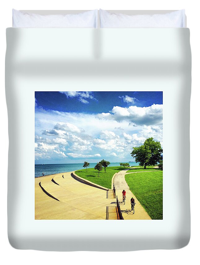 Landscape Duvet Cover featuring the photograph Lake Shore Clouds Bike Path Chicago by Patrick Malon