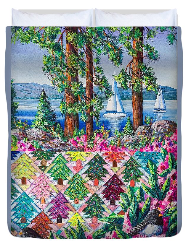 Lake Tahoe Duvet Cover featuring the painting Lake Tahoe Pines by Diane Phalen