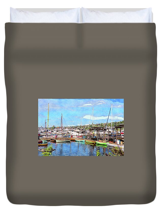 Lake Union Seattle Duvet Cover featuring the digital art Lake Union Marina by SnapHappy Photos