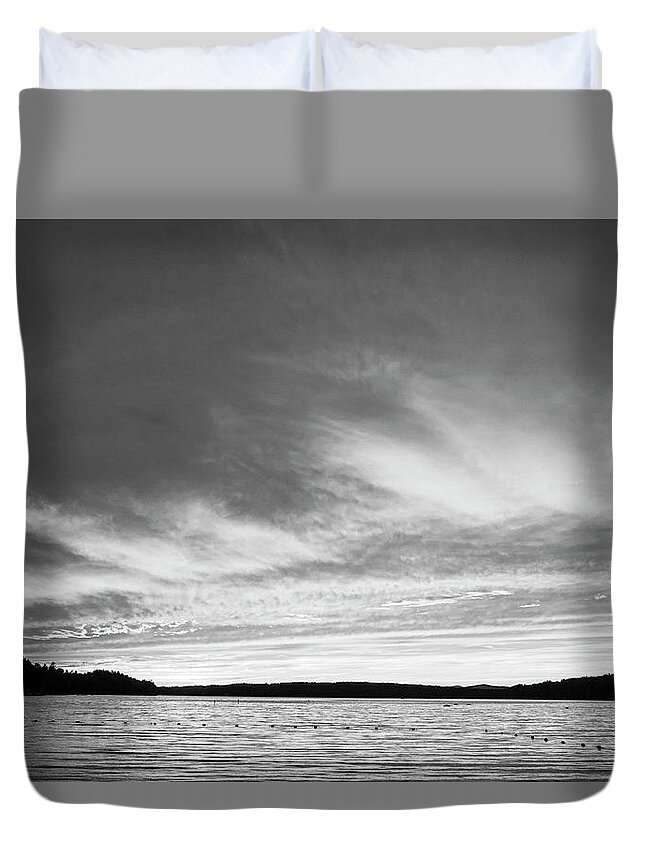 Wolfeboro Duvet Cover featuring the photograph Lake Winnipesaukee sunset Carry Beach Wolfeboro NH Black and White by Toby McGuire