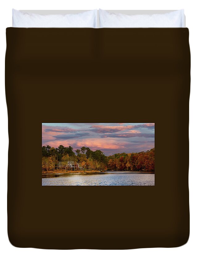 Buildings Duvet Cover featuring the photograph Lakeside Home in Sunset Sky by Darryl Brooks