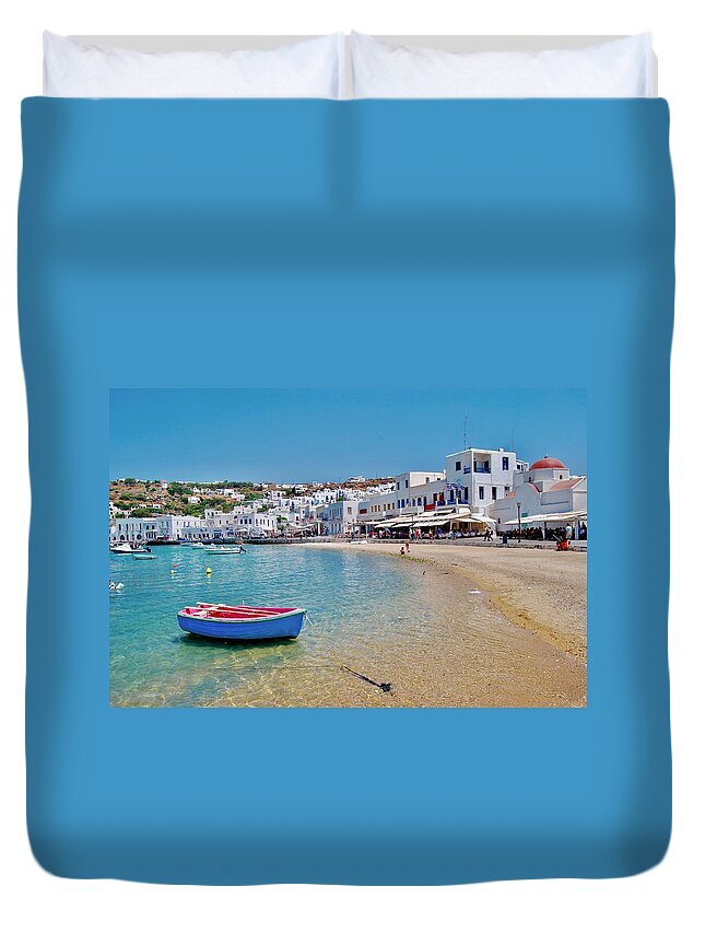 Boat Duvet Cover featuring the photograph Landed in Mykonos by Michael Descher