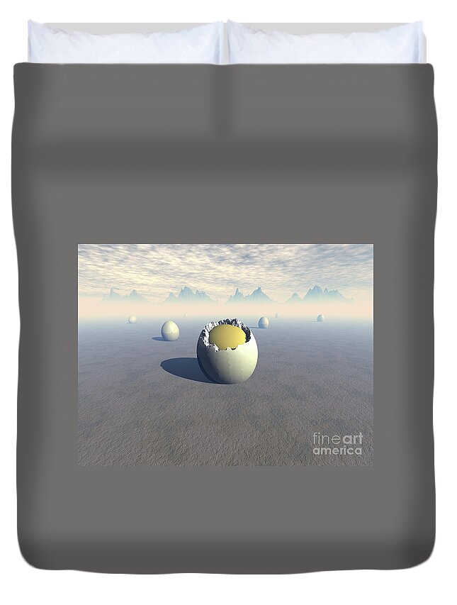 Sci Fi Duvet Cover featuring the digital art Landscape of Seven Eggs by Phil Perkins