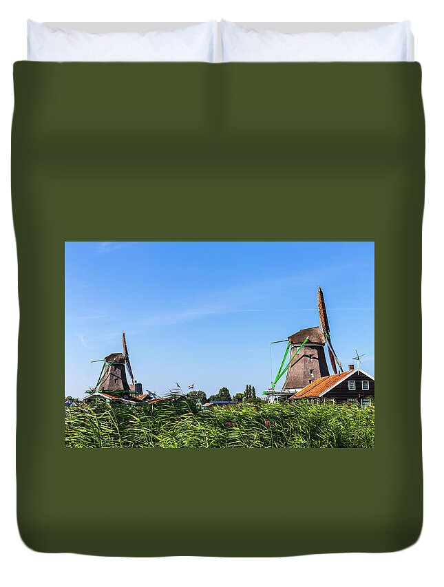 Zaanse Schans Duvet Cover featuring the photograph Landscape with windmill in Zaanse Schans by Fabiano Di Paolo
