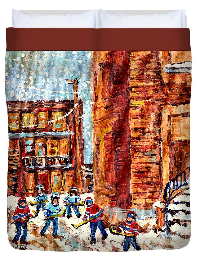  Duvet Cover featuring the painting Laneway Street Hockey Game Kids Winter Fun Snow Falling Montreal Art Scene C Spandau Canadian Artist by Carole Spandau