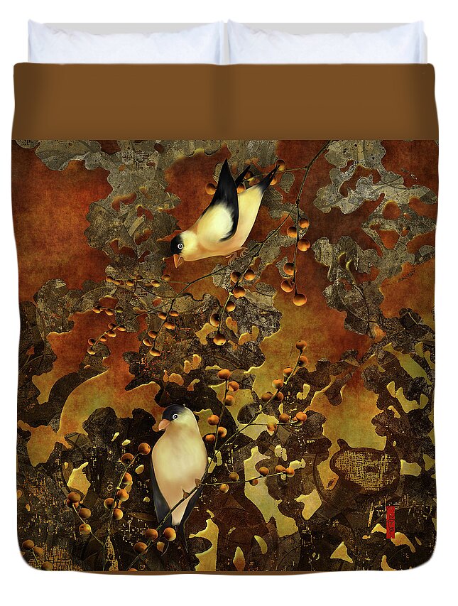 Chinoiserie Duvet Cover featuring the digital art Lantern Chinoiserie Goldfinches and Berries by Sand And Chi