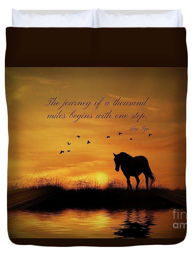Horse Duvet Cover featuring the photograph Lao Tzu Famous Quote The Journey of a Thousand Miles begins with One Step. by Stephanie Laird