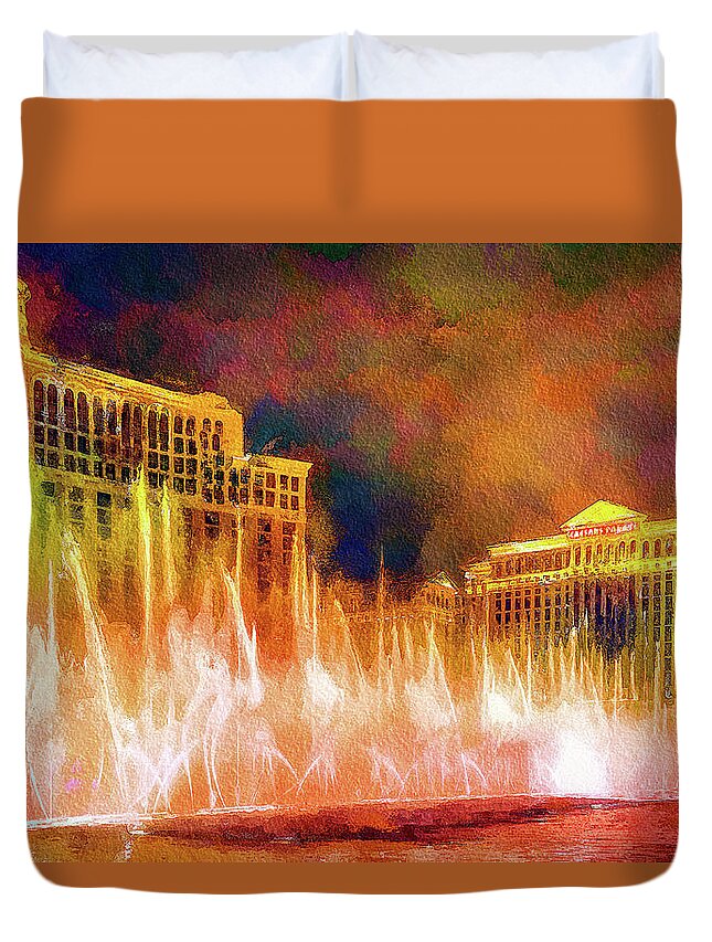 Bellagio Water Fountains Duvet Cover featuring the digital art Las Vegas night water show by Tatiana Travelways