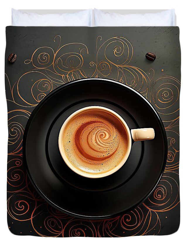 Modern Coffee Art Duvet Cover featuring the painting Latte Impression - Black Kitchen Decor by Lourry Legarde