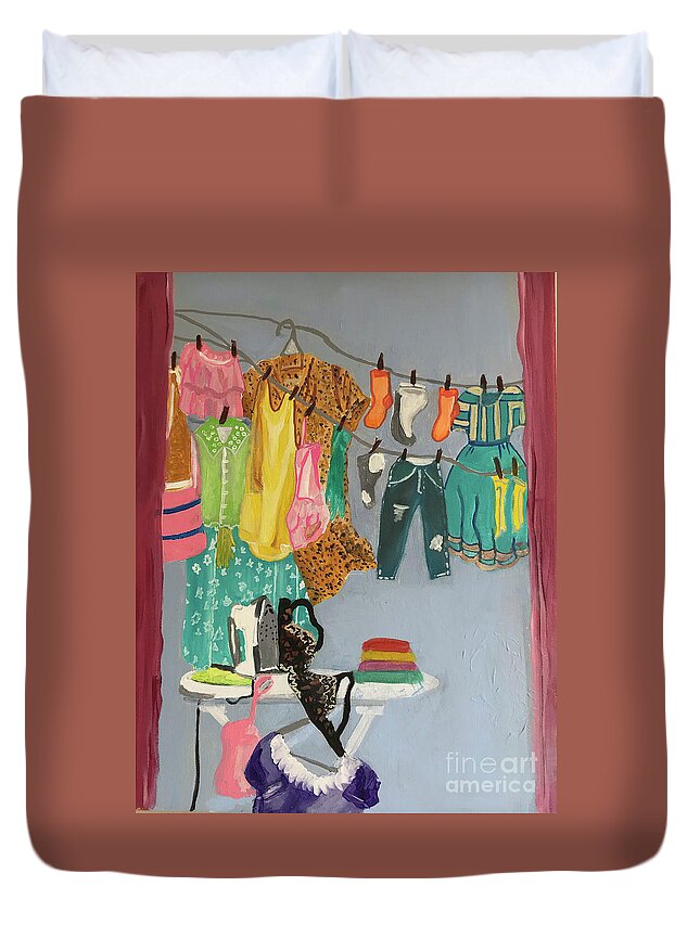 Domestic Chaos During Covid Duvet Cover featuring the painting Laundry Day by Theresa Honeycheck