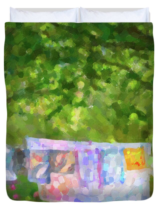 Laundry Duvet Cover featuring the painting Laundry hanging in a garden by Delphimages Photo Creations