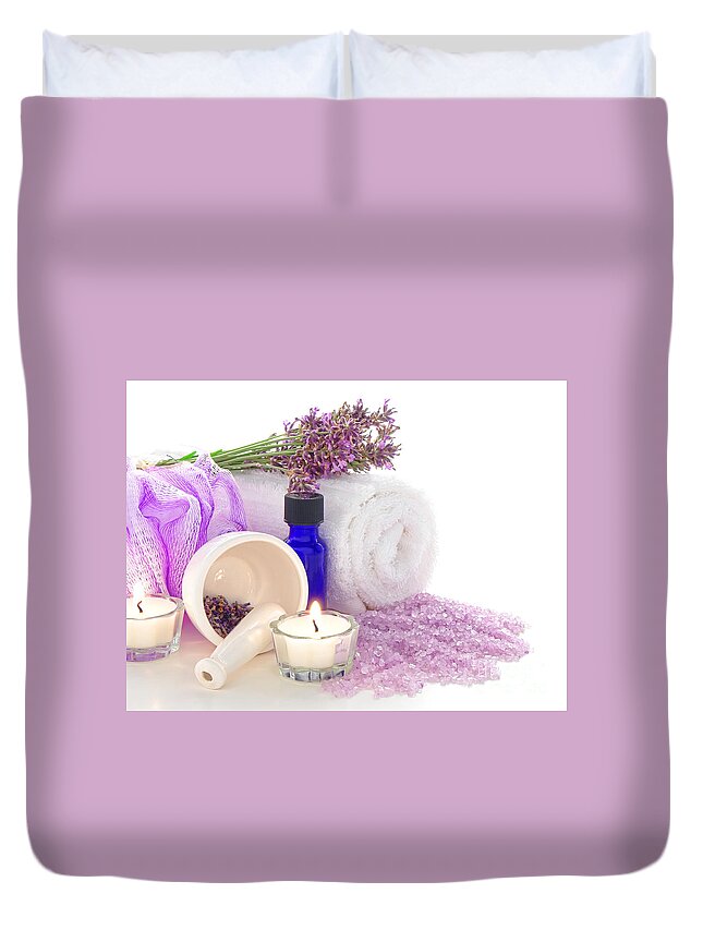 Accessories Duvet Cover featuring the photograph Lavender Aromatherapy Treatment Kit and Candle in a Spa by Olivier Le Queinec