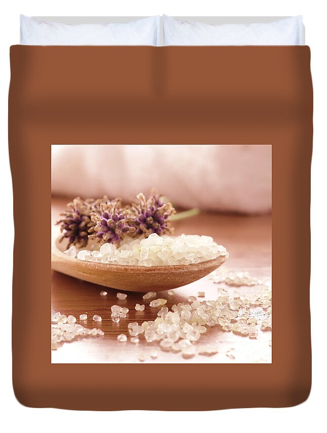 Aromatherapy Duvet Cover featuring the photograph Lavender Flowers and Sea Bath Salts in a Spa by Olivier Le Queinec