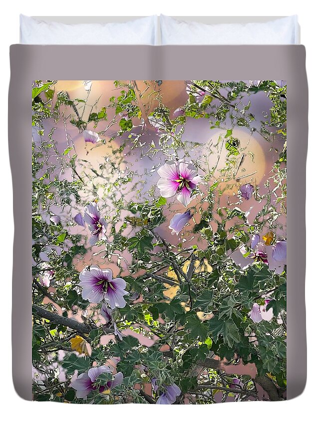 Lavender Purple Green Yellow Ivory Duvet Cover featuring the digital art Lavender Hibiscus with bokeh background by Kathleen Boyles