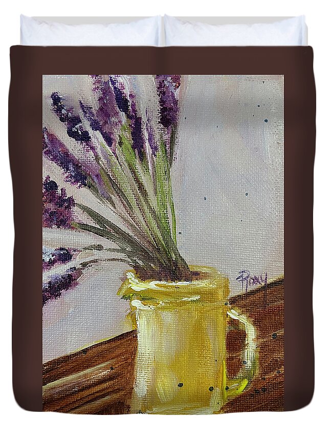 Lavender Duvet Cover featuring the painting Lavender in a Yellow Pitcher by Roxy Rich