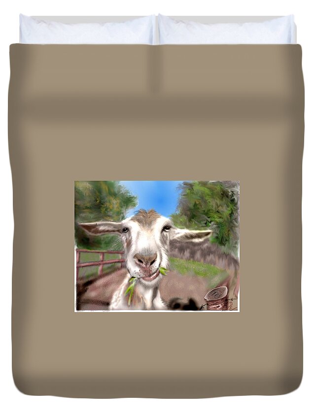 Goat Chewing Country Funny Goat Pencil Sketched Digitally Colored Duvet Cover featuring the mixed media Le Goat by Pamela Calhoun