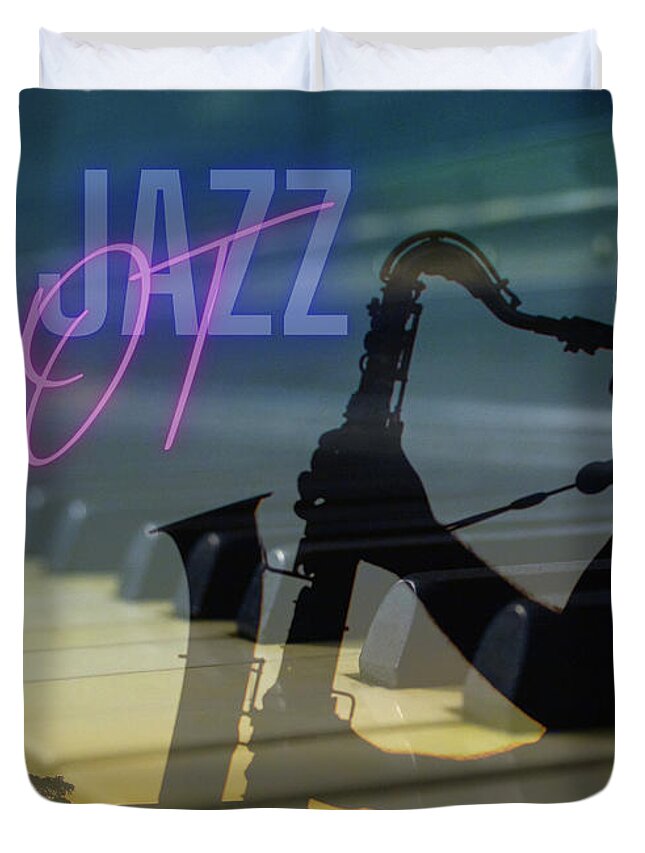 Jazz; Saxophone; Piano; Piano Keys; Music; Musician; Neon; Double Exposure; Silhouette; Horizontal; Moody; Shadows; Duvet Cover featuring the photograph Le Jazz Hot by Tina Uihlein