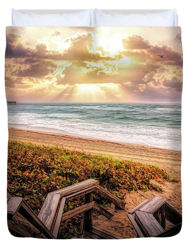 Coastal Duvet Cover featuring the photograph Leading into Sunrise Light Painting by Debra and Dave Vanderlaan