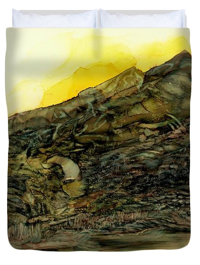 Mountain Duvet Cover featuring the painting Learning patience at the tarn by Angela Marinari