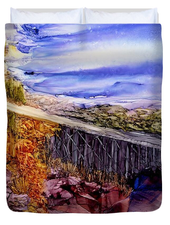 Bridge Duvet Cover featuring the painting Leaving it all behind by Angela Marinari