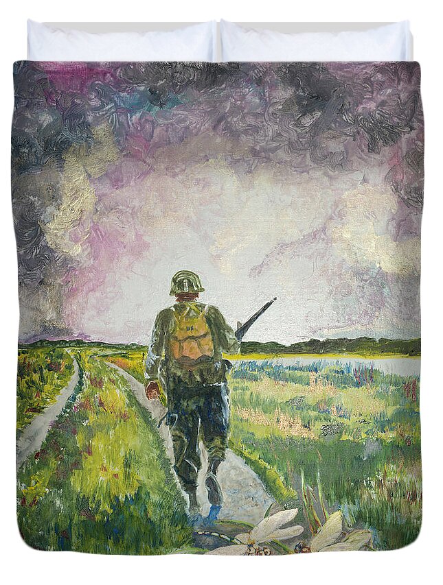 Soldier Duvet Cover featuring the painting Legend of the Dragonfly by Barbara F Johnson