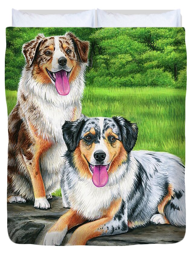 Australian Shepherd Duvet Cover featuring the painting Lego and Drew by Rebecca Wang