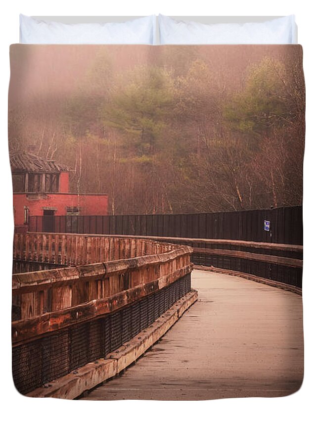 Lehigh Gorge Duvet Cover featuring the photograph Lehigh Gorge Trail Bridge Foggy Day by Jason Fink