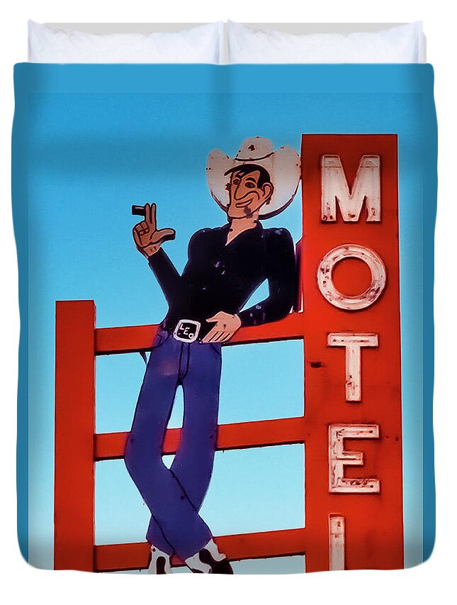 Film Duvet Cover featuring the digital art Leo The Cowboy Motel by Matthew Bamberg