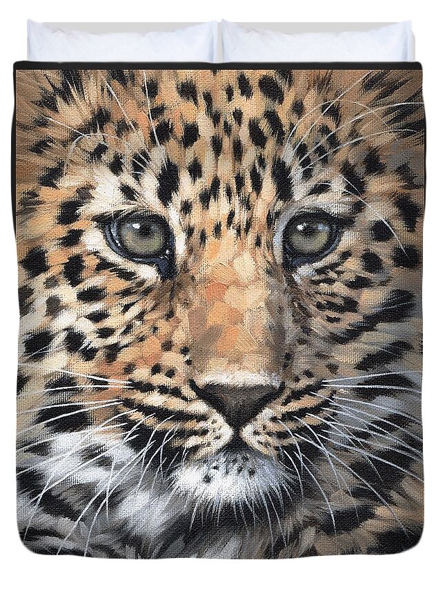 Leopard Duvet Cover featuring the painting Leopard Cub by Rachel Stribbling