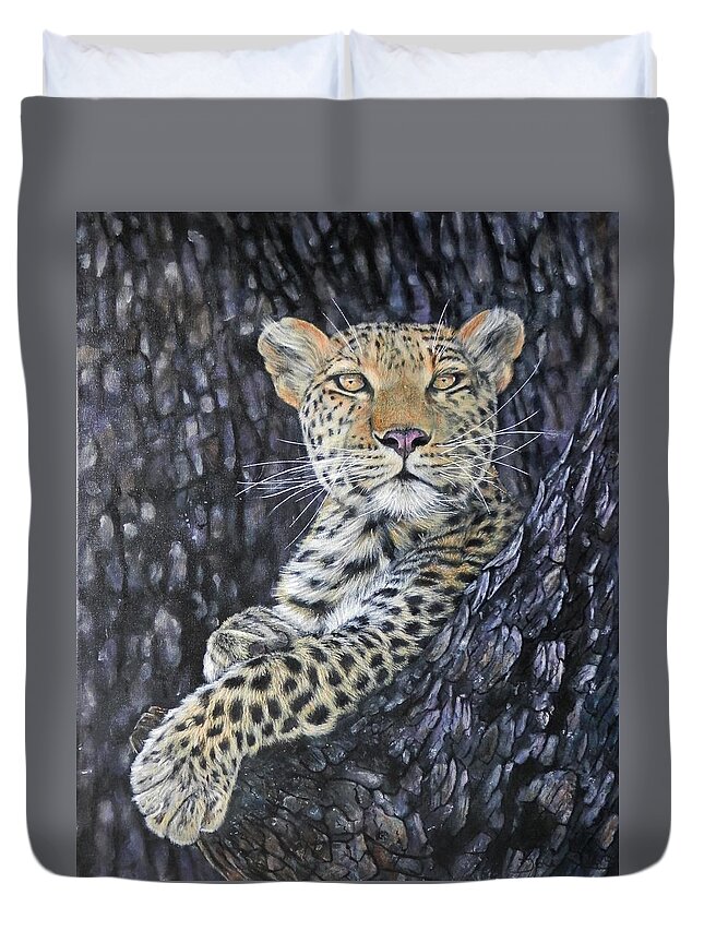 Leopard Duvet Cover featuring the painting Leopard Lookout by John Neeve