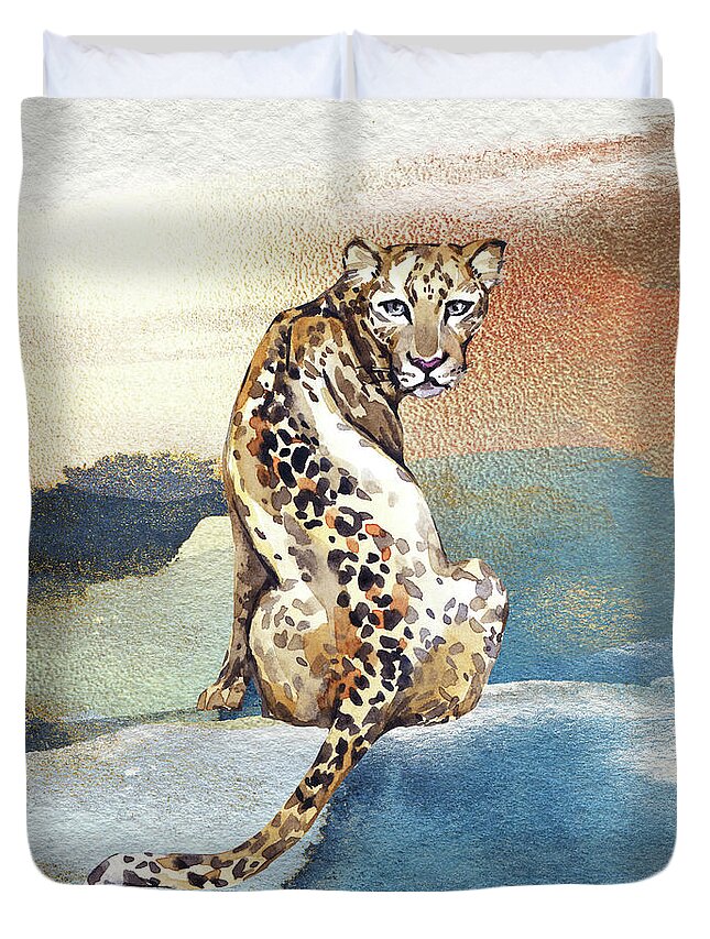 Leopard Duvet Cover featuring the painting Leopard Watercolor Animal Art Painting by Garden Of Delights