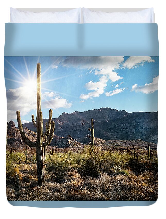 Saguaro Sunrise Duvet Cover featuring the photograph Let The Sun Shine Through The Morning by Saija Lehtonen