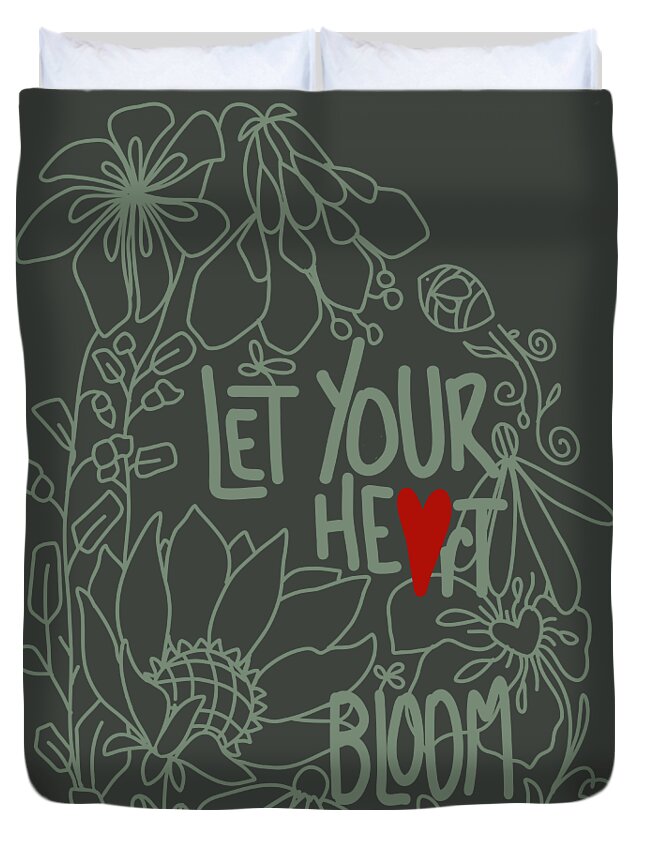 Let Your Heart Bloom Duvet Cover featuring the digital art Let Your Heart Bloom - Olive Green Line Art by Patricia Awapara