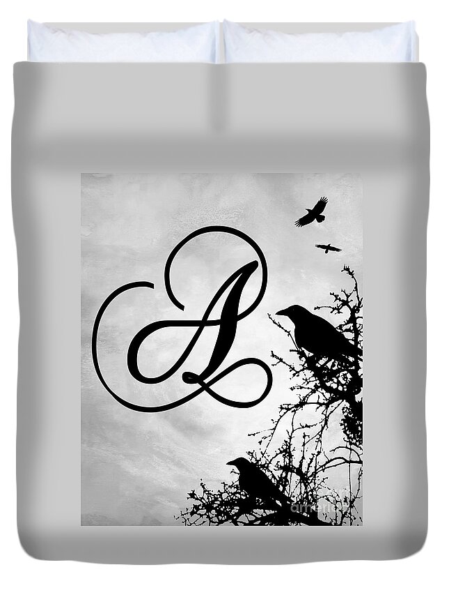 Letter A Duvet Cover featuring the mixed media Letter A Design 43 Crow Birds by Lucie Dumas