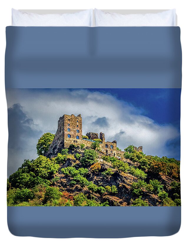 Liebenstein Castle Duvet Cover featuring the digital art Liebenstein Castle, Dry Brush on Sandstone by Ron Long Ltd Photography