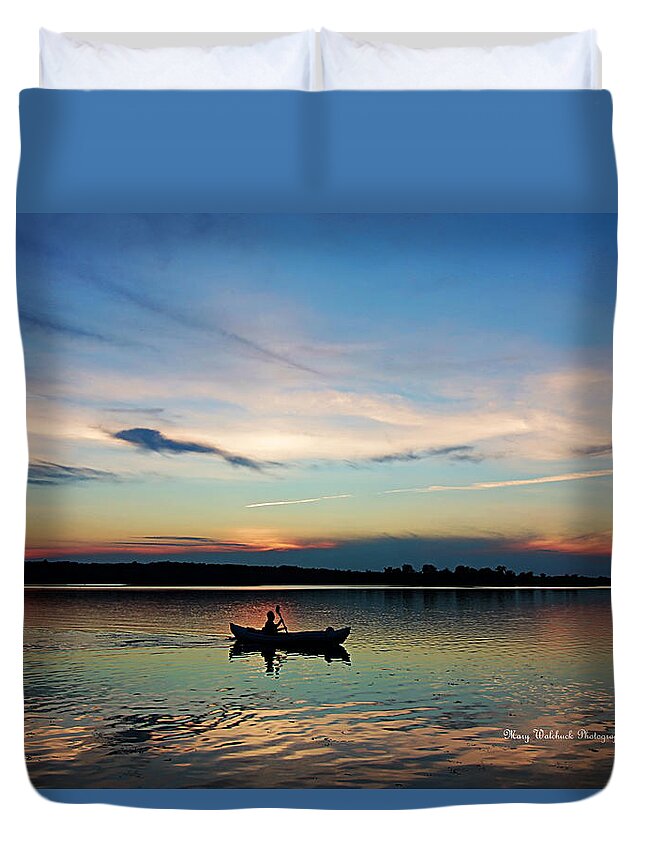 Lake Sunset Duvet Cover featuring the photograph Life is but a Dream on a Kayak by Mary Walchuck