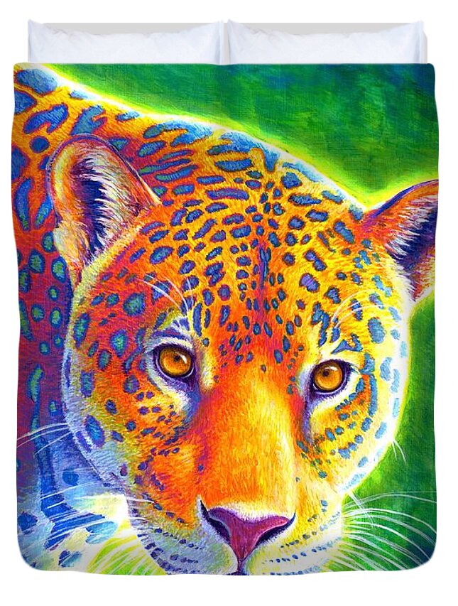 Jaguar Duvet Cover featuring the painting Light in the Rainforest - Jaguar by Rebecca Wang